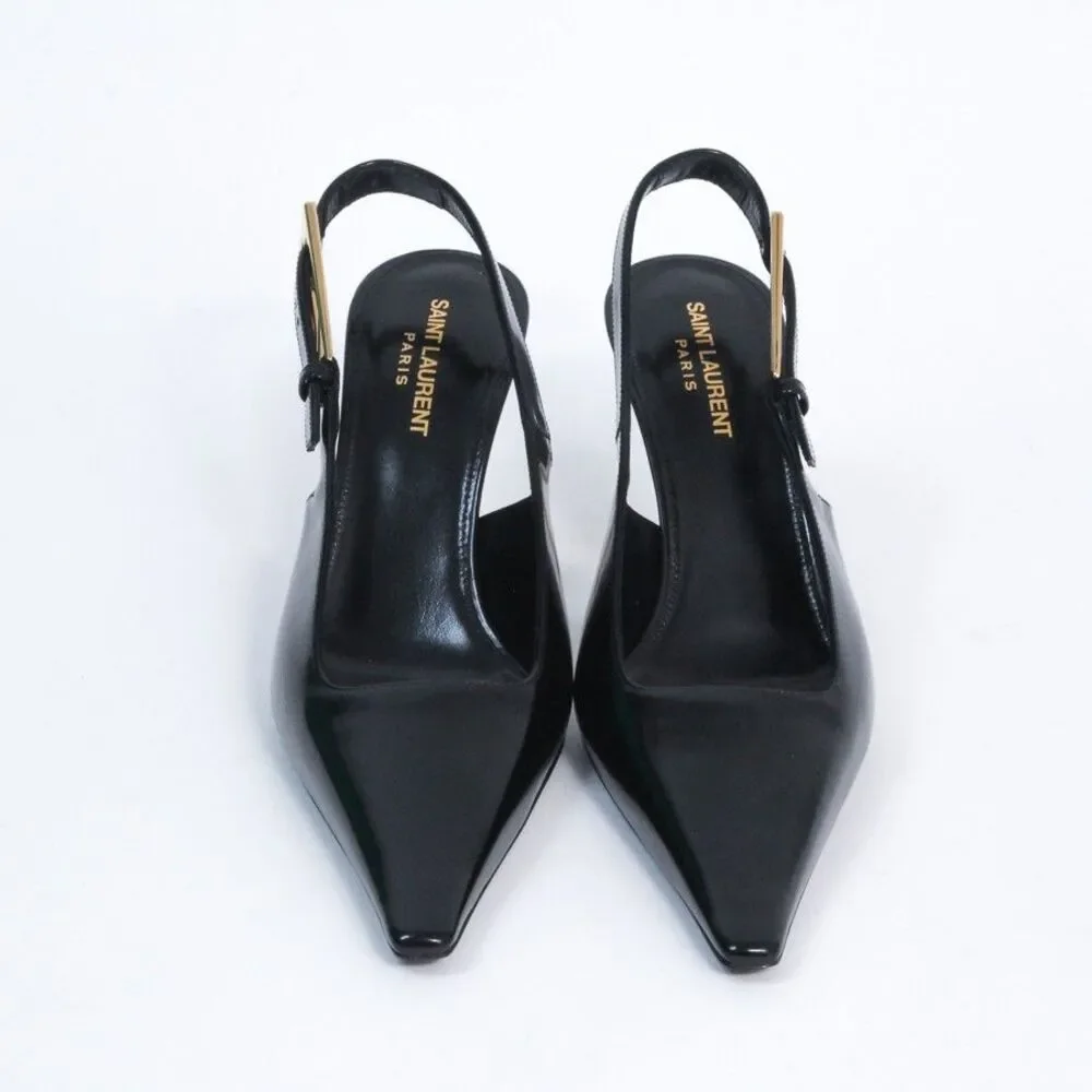 Saint Laurent YSL Lee Slingback Pumps Black Leather Gold Heel Shoes 39.5 NIB